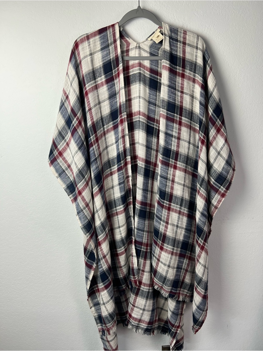 Mystree Blue Maroon Gray White Cotton Plaid Fringe Fall Travel Poncho